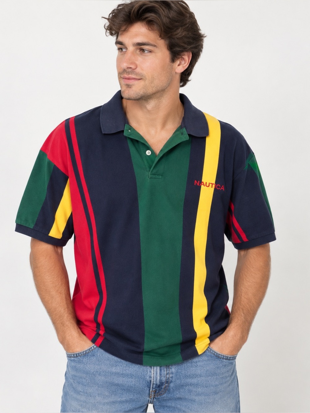 Vintage 90s Nautica Color Block Striped Sailing Polo Shirt Men’s LG 100% COTTON